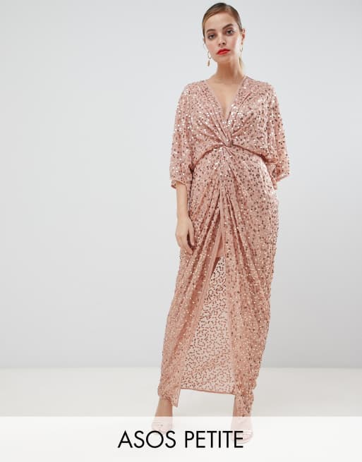 ASOS DESIGN Petite scatter sequin knot front kimono maxi dress | ASOS