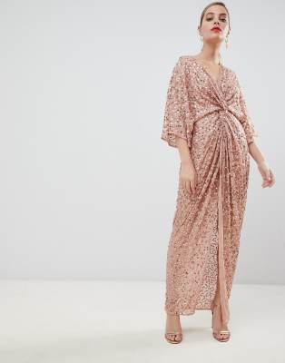 asos design scatter sequin knot front kimono maxi dress