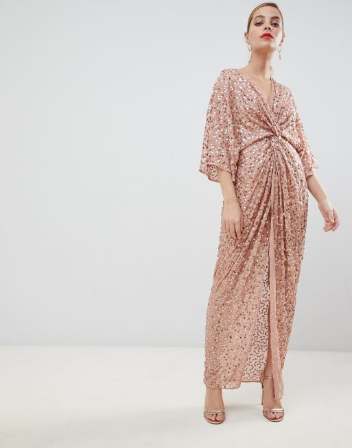 Asos design scatter sequin shop knot front kimono maxi dress