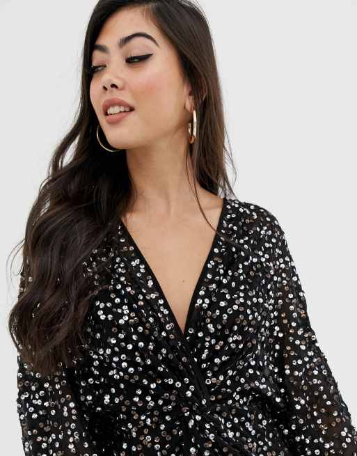 Asos design scatter sequin store knot front kimono mini dress