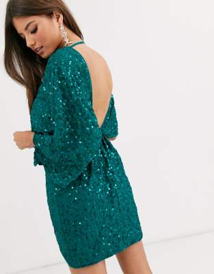 asos design scatter sequin knot front kimono mini dress