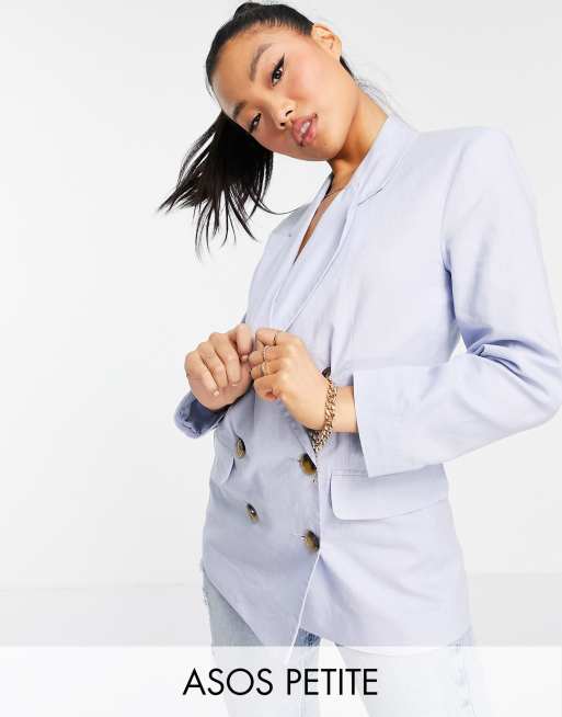 ASOS DESIGN Petite – Schlichter, zweireihiger Anzugblazer aus Leinen in Blau