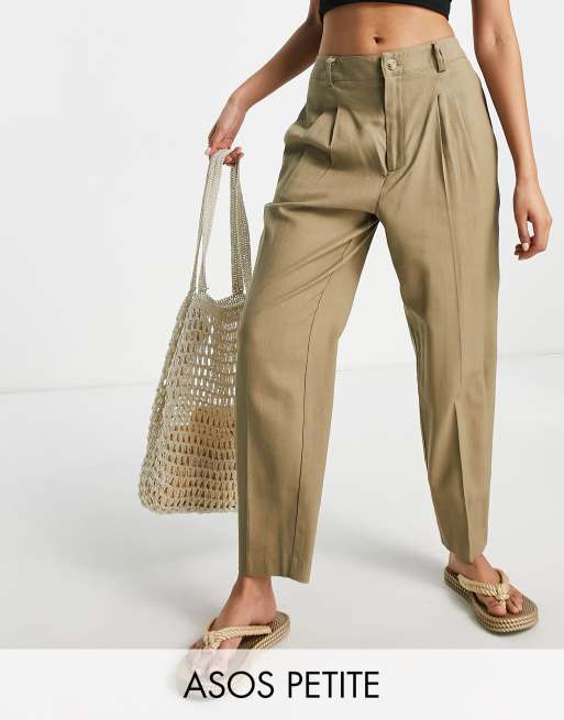 ASOS DESIGN Petite – Schmal zulaufende Hose aus Leinenmix in Olivgrün mit hohem Bund