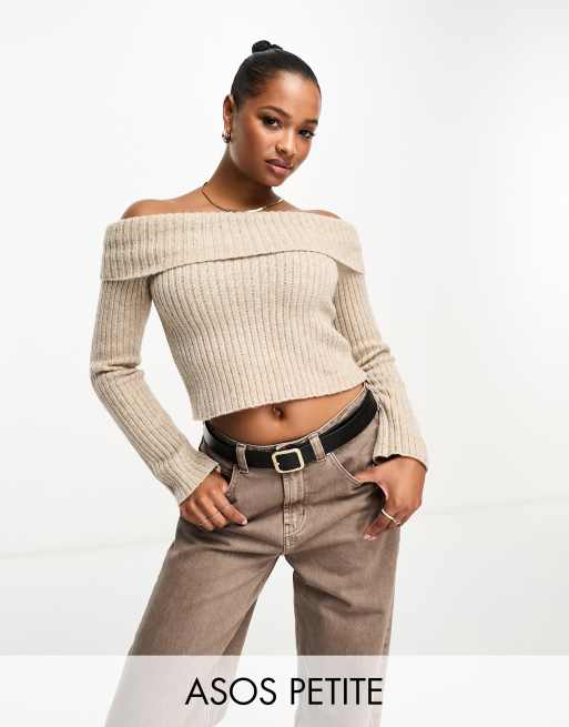 ASOS DESIGN Petite – Schulterfreier Pullover aus breitem Rippstrick in Haferbeige