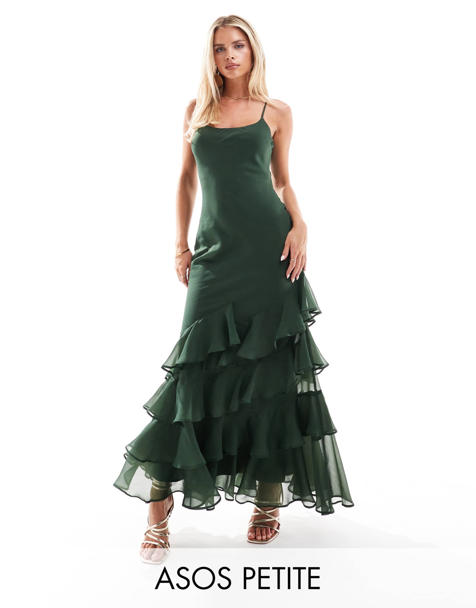 asos design petite scoop neck bias maxi dress with ruffle hem in forest green