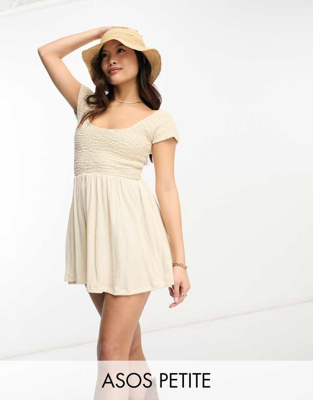 ASOS Petite - ASOS DESIGN Petite scoop neck cap sleeve crinkle shirred mini dress in sand