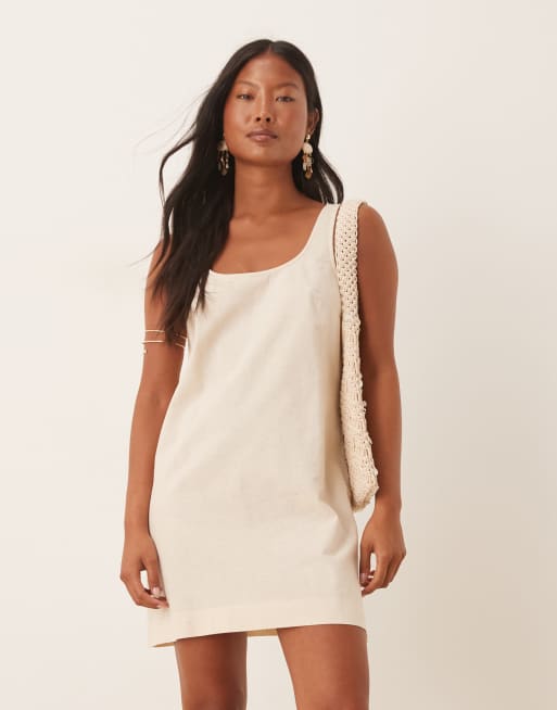 ASOS DESIGN Petite scoop neck cotton linen mini dress in oatmeal