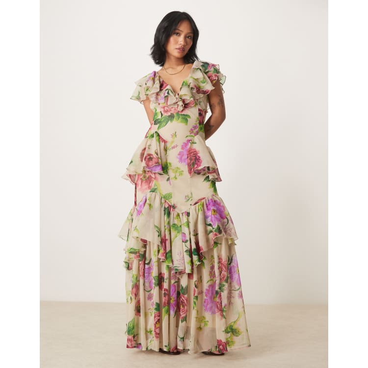 ASOS DESIGN Petite scoop neck flutter sleeve ruffle tiered