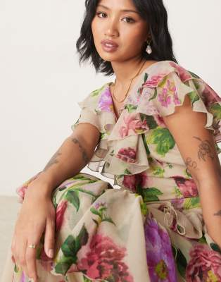 ASOS PETITE ASOS DESIGN PETITE SCOOP NECK FLUTTER SLEEVE RUFFLE TIERED MIDAXI DRESS 