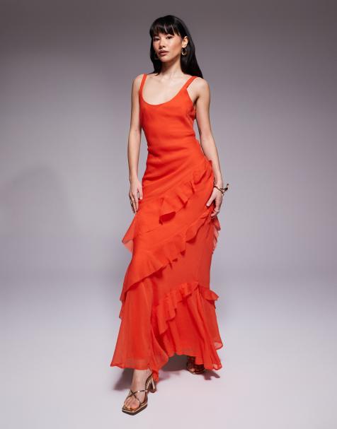 ASOS DESIGN Petite scoop neck maxi dress with ruffle skirt and cut out back in orange - view 1
