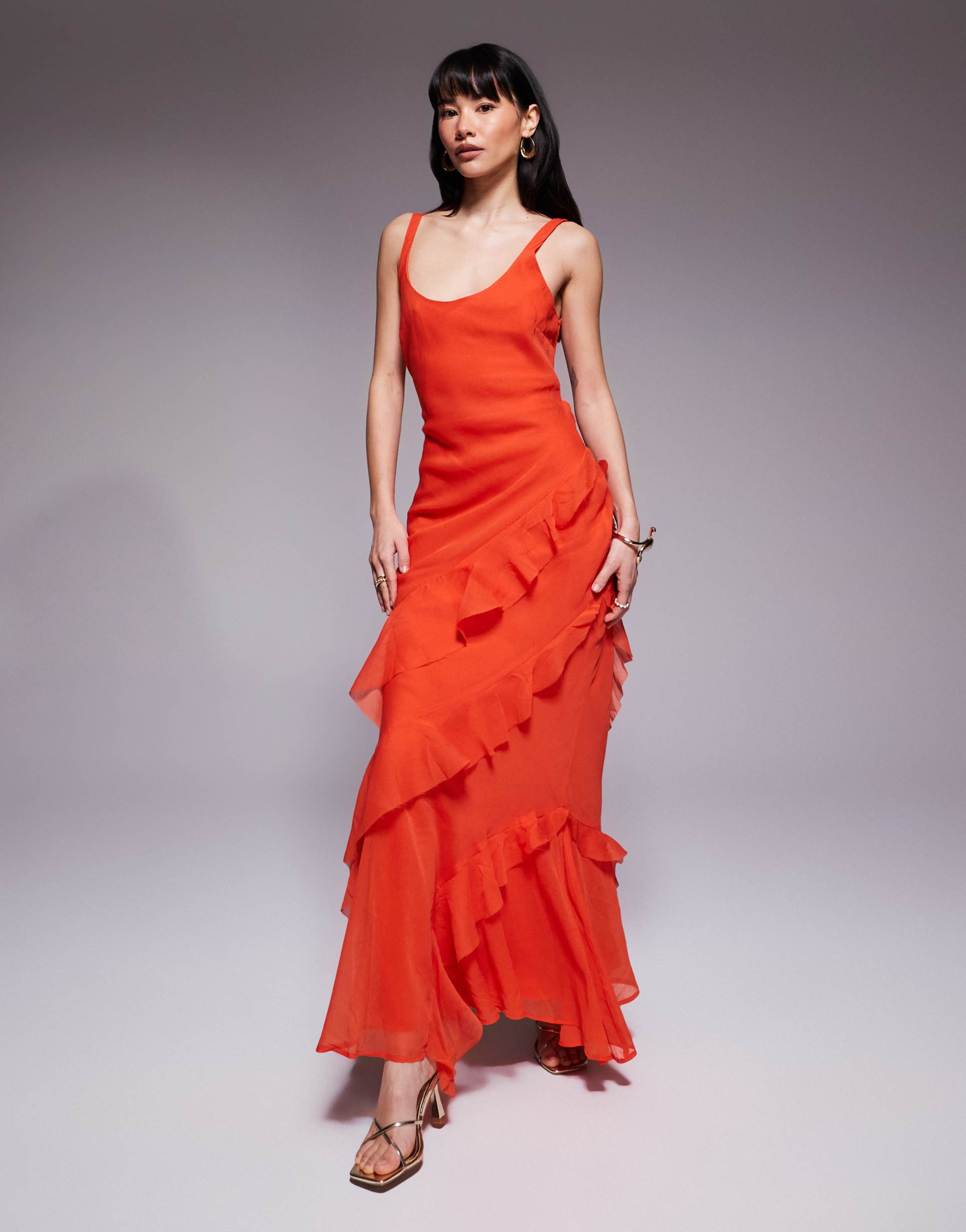 asos design petite scoop neck maxi dress with ruffle skirt and cut-out back in orange