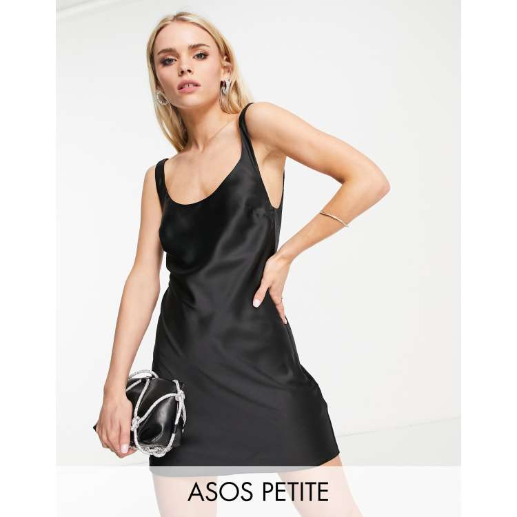 ASOS DESIGN Petite scoop neck mini satin slip dress in black