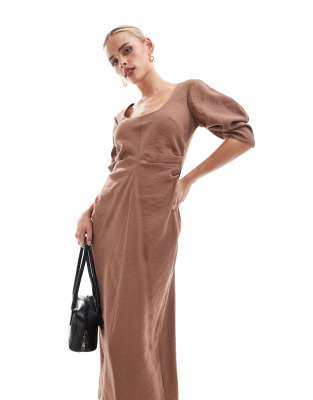 ASOS DESIGN Petite scoop neck pleated waist midi dress in mocha ASOS