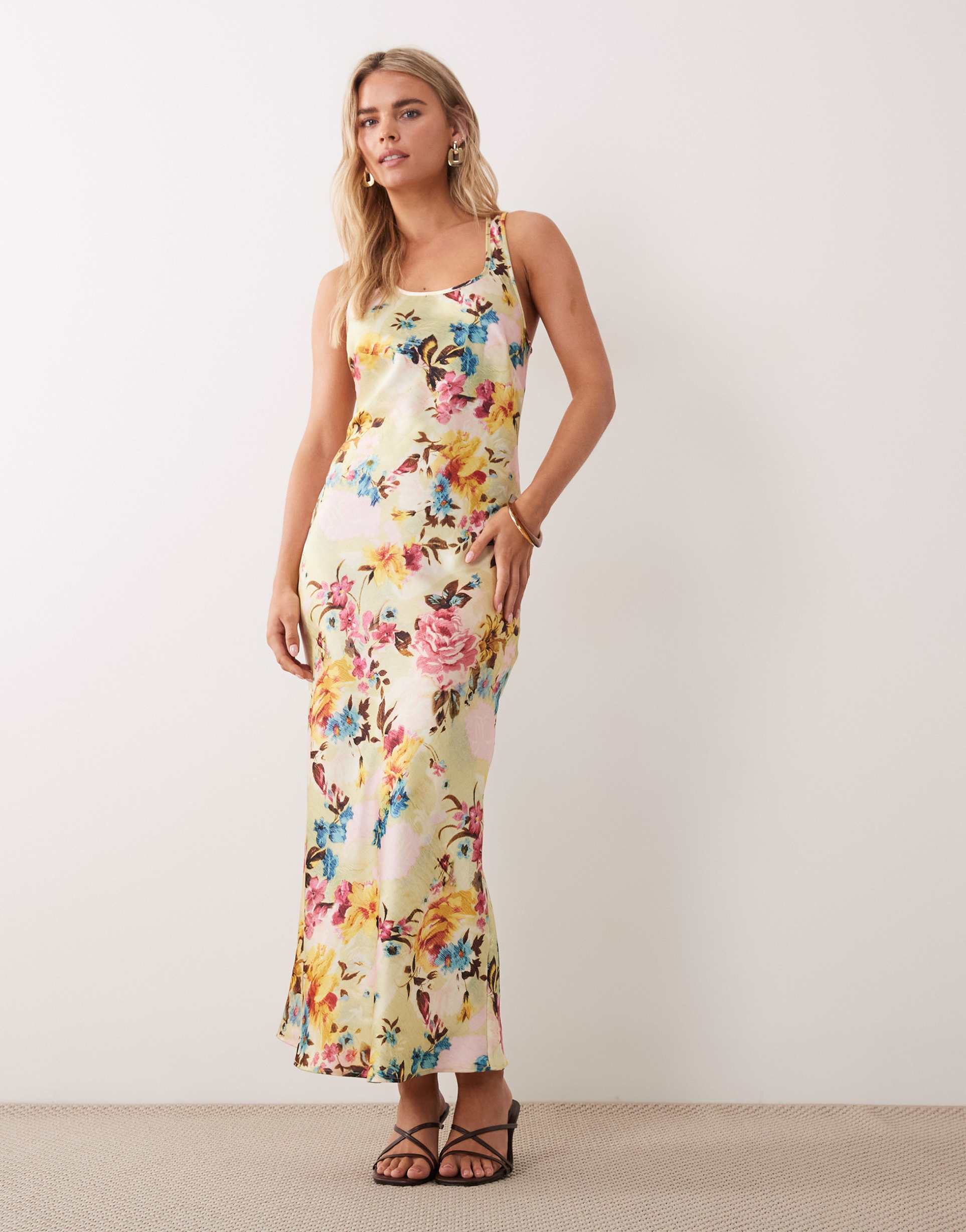 asos design petite scoop neck satin maxi dress in floral print