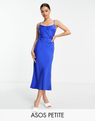 ASOS DESIGN Petite scoop neck satin midi slip dress with tie waist detail in blue