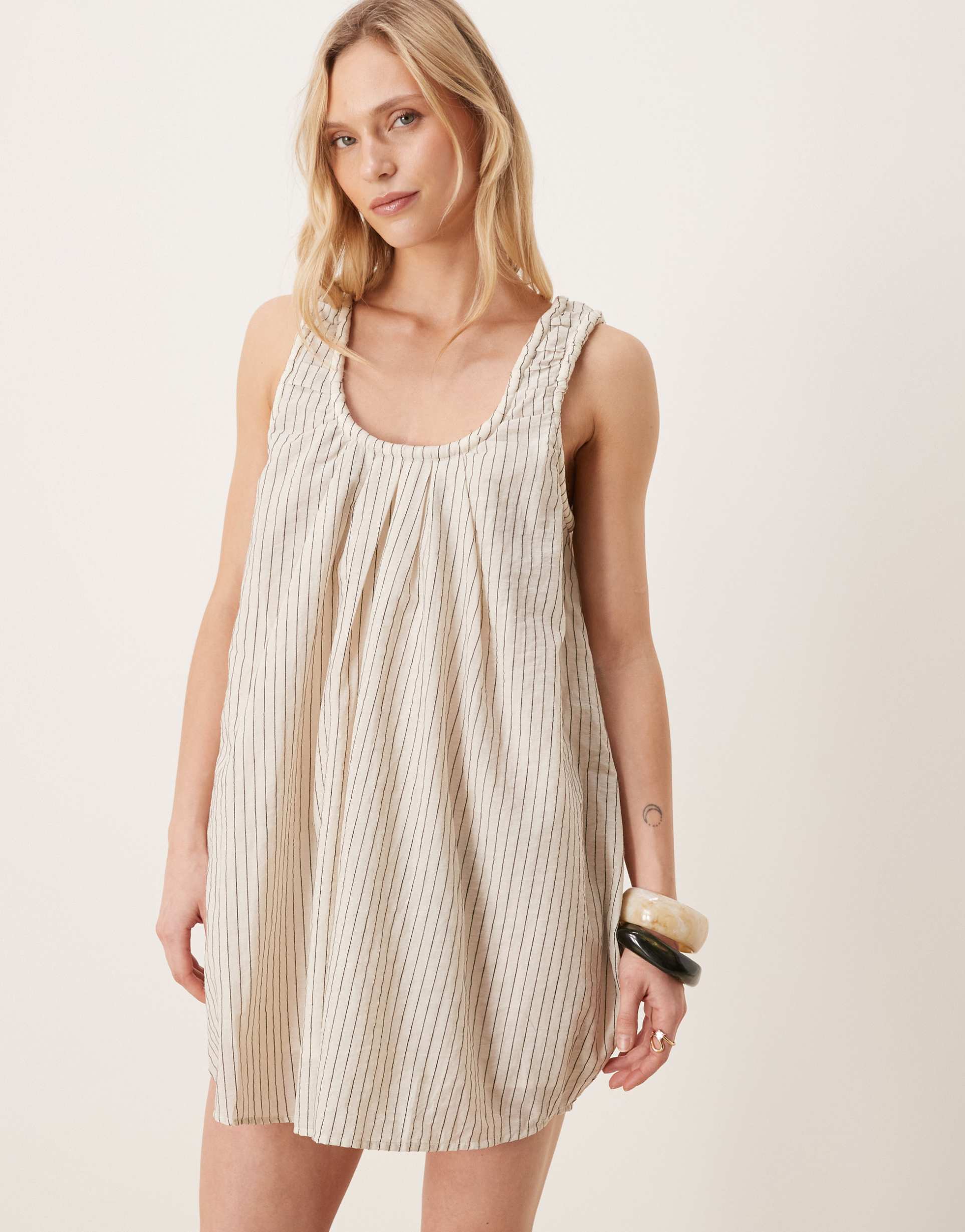 asos design petite scoop ruched neck mini dress in stripes