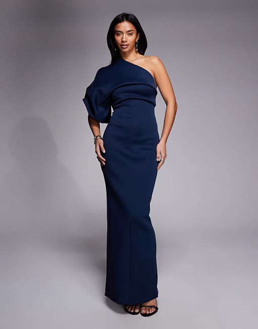 navy blue petite dress Jemma Satin trendy looks with Slow Fashion principles. ASOS DESIGN Petite scrunch one