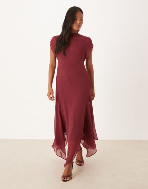 ASOS DESIGN Petite seamed high neck midi dress in deep cherry - view 1