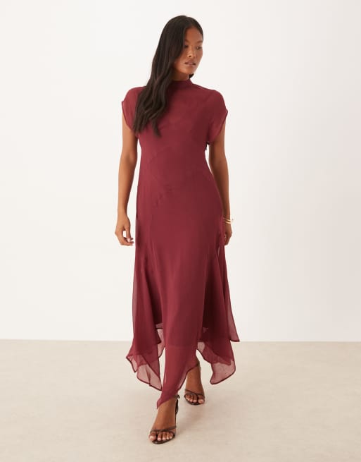 ASOS DESIGN Petite seamed high neck midi dress in deep cherry