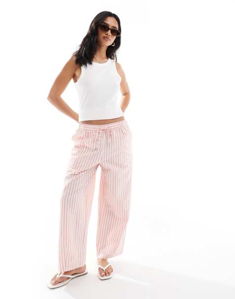 ASOS DESIGN Petite seersucker pull on barrel leg pants in pink stripe - view 1