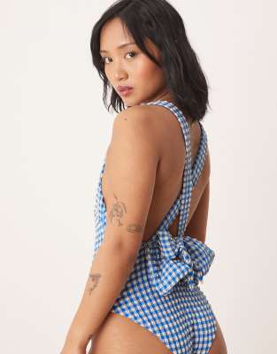 Asos Petite Asos Design Petite Seersucker Scoop Swimsuit With Giant Bow Back Detail In Blue