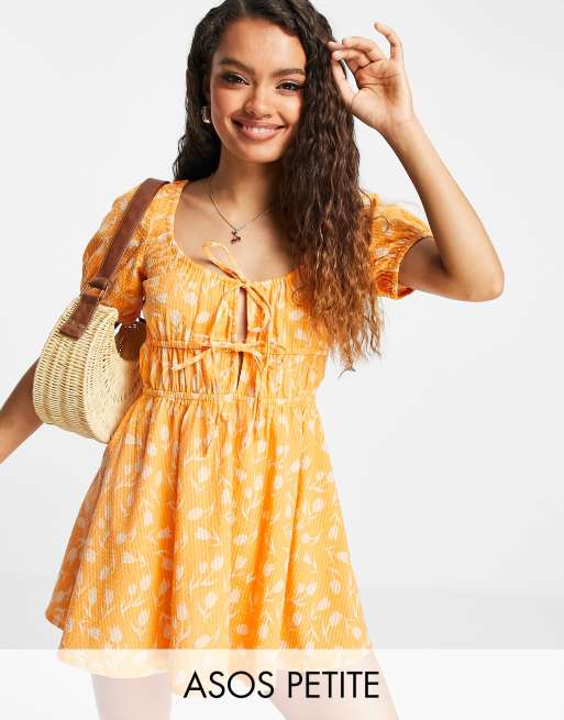 ASOS DESIGN Petite seersucker tie-front tiered beach mini dress in two-tone floral print