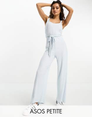 ASOS DESIGN Petite - Sehr weicher, gerippter Lounge-Jumpsuit in Blau mit eckigem Ausschnitt