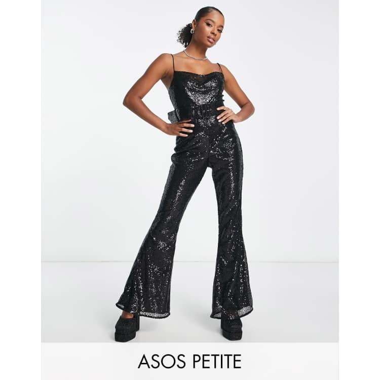 ASOS DESIGN Petite Sequin Cowl Neck Flare Leg Jumpsuit In, 49% OFF