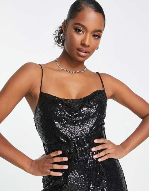 Black sequin cowl neck hot sale dress