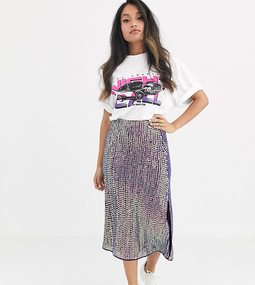 ASOS DESIGN Petite sequin midi slip skirt with double split-Purple