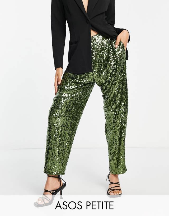 ASOS Petite - ASOS DESIGN Petite sequin slouchy trouser in khaki