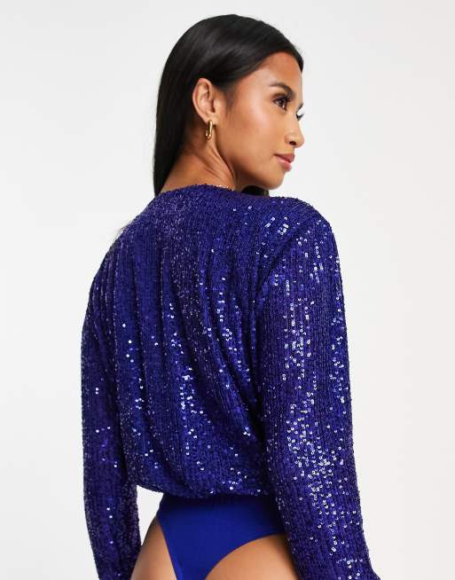 ASOS DESIGN Petite sequin wrap bodysuit in blue