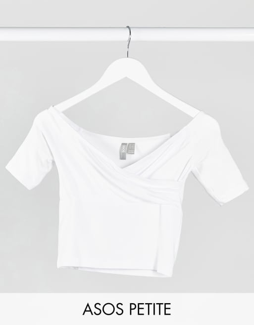 ASOS DESIGN Petite sexy off shoulder wrap front top in white
