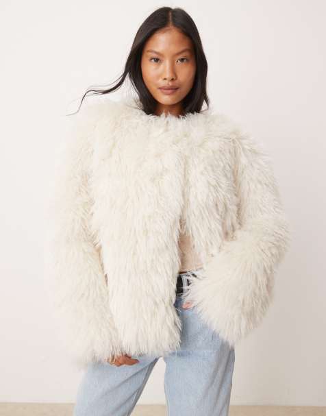 ASOS DESIGN Petite shaggy faux fur jacket in cream - view 1