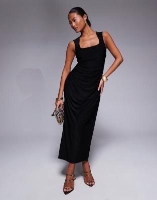 Asos Petite Asos Design Petite Shaped Neckline Wide Strap Mini Dress With Draped Skirt In Black