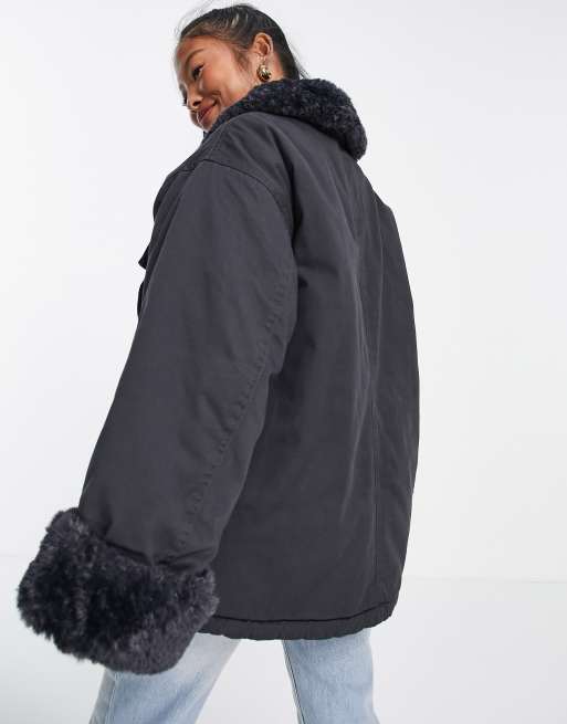 ASOS DESIGN Petite shearling collared cotton jacket in charcoal, 2 of 4
