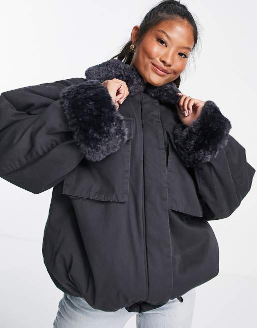 ASOS DESIGN Petite shearling collared cotton jacket in charcoal, 3 of 4