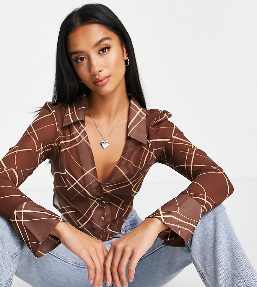 ASOS DESIGN Petite sheer cropped shirt with v neck in brown abstract check-Multi