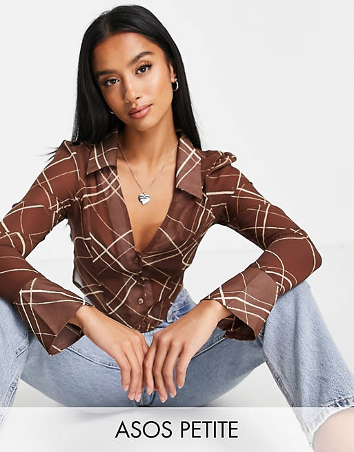  Shirts & Blouses/Petite sheer cropped shirt with v neck in brown abstract check 