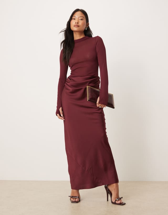asos formal dresses petite DESIGN sheer high neck bodice drape satin maxi dress in berry long dresses for women