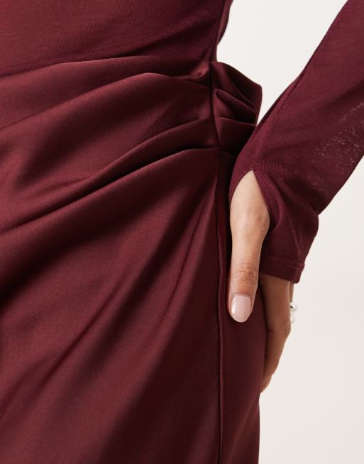 ASOS DESIGN Petite sheer high neck bodice drape satin maxi dress in berry