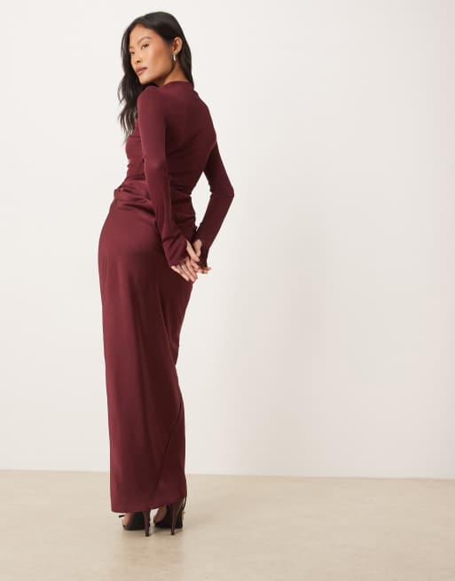 ASOS DESIGN Petite sheer high neck bodice drape satin maxi dress in berry, 3 of 4