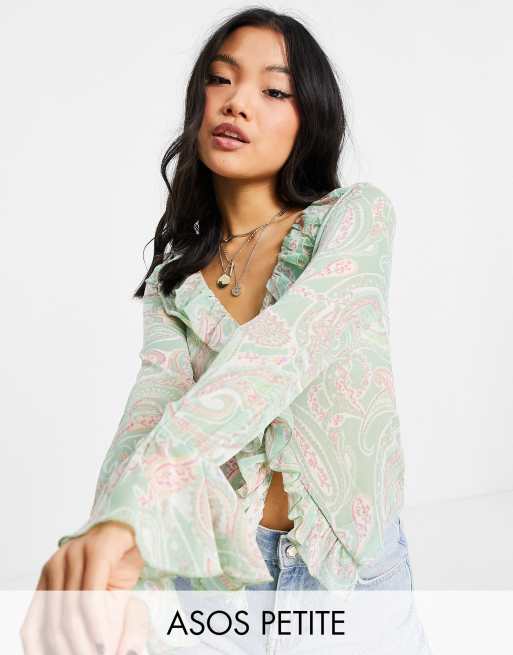 ASOS DESIGN Petite sheer long sleeve blouse with ruffle detail in paisley  print