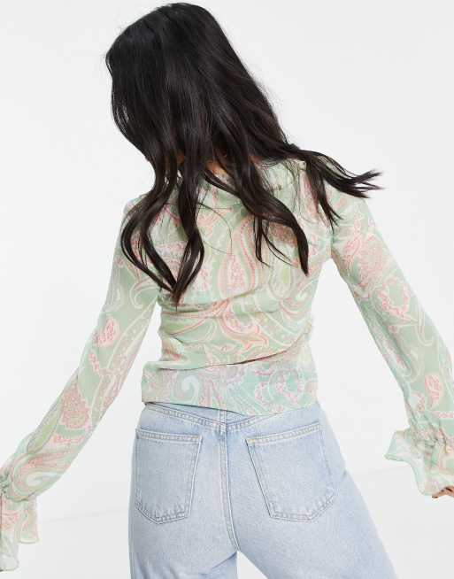 ASOS DESIGN Petite sheer long sleeve blouse with ruffle detail in paisley print, 2 of 4