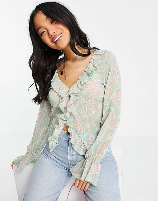 Women Shirts & Blouses/Petite sheer long sleeve blouse with ruffle detail in paisley print 