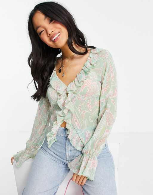 ASOS DESIGN Petite sheer long sleeve blouse with ruffle detail in paisley print, 3 of 4