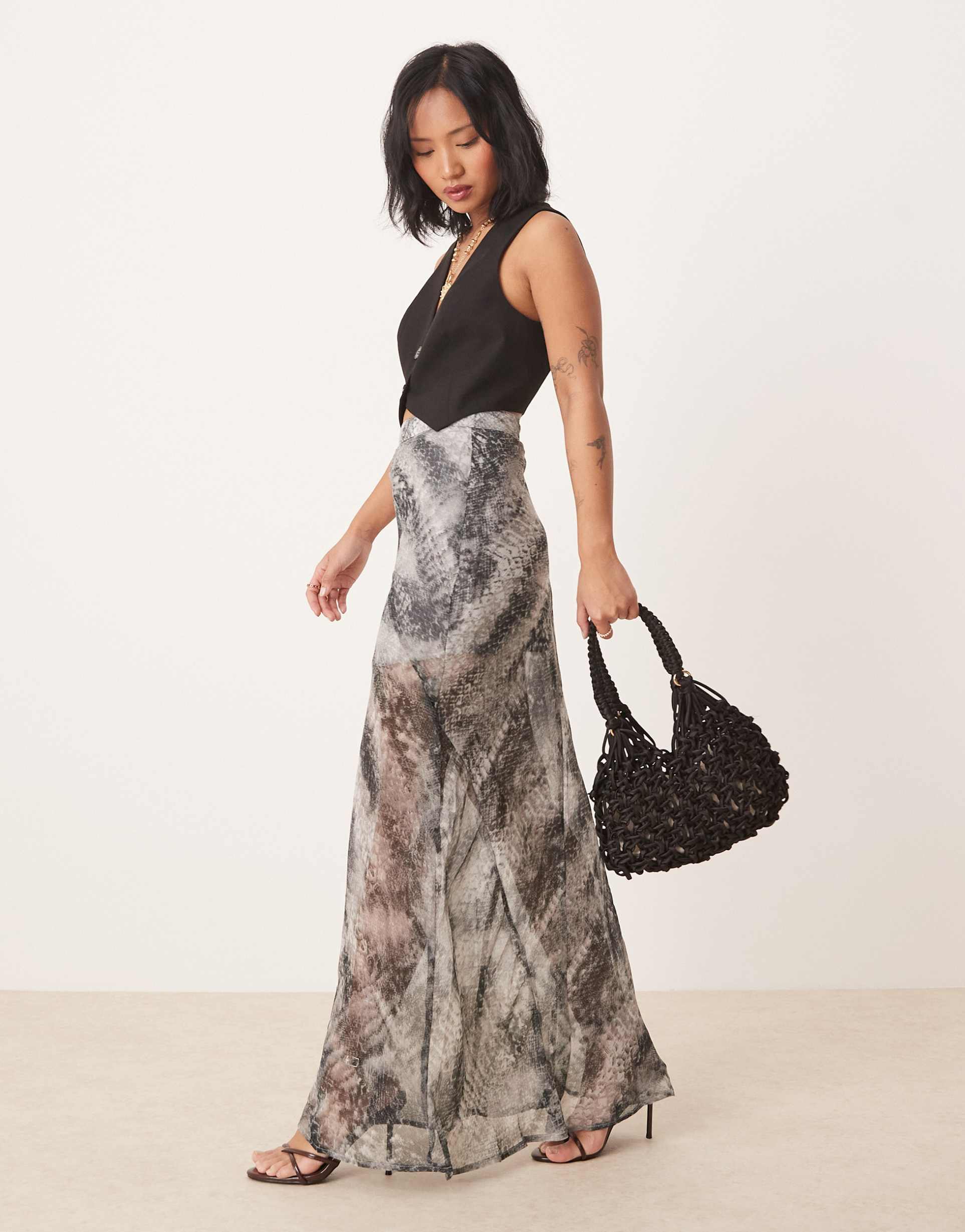asos design petite sheer maxi skirt in snake print