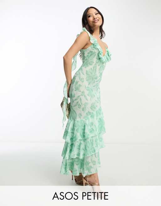 ASOS DESIGN Petite sheer ruffle shoulder asymmetric hem maxi dress in sage floral jacquard