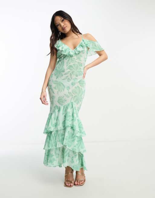 ASOS DESIGN Petite sheer ruffle shoulder asymmetric hem maxi dress in sage  floral jacquard