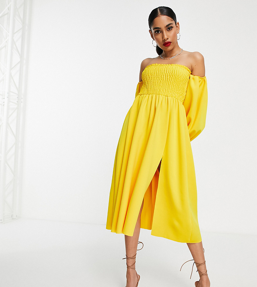 Asos Petite Asos Design Petite Shirred Bardot Blouson Sleeve Prom Midi Dress In Lemon-yellow